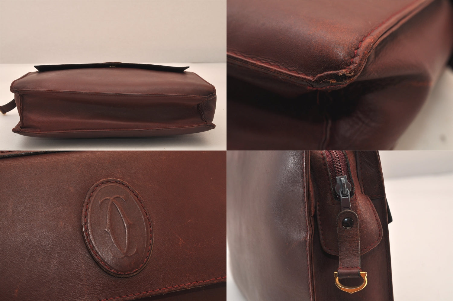 Authentic Cartier Must de Cartier Clutch Hand Bag Leather Bordeaux Red 8494M