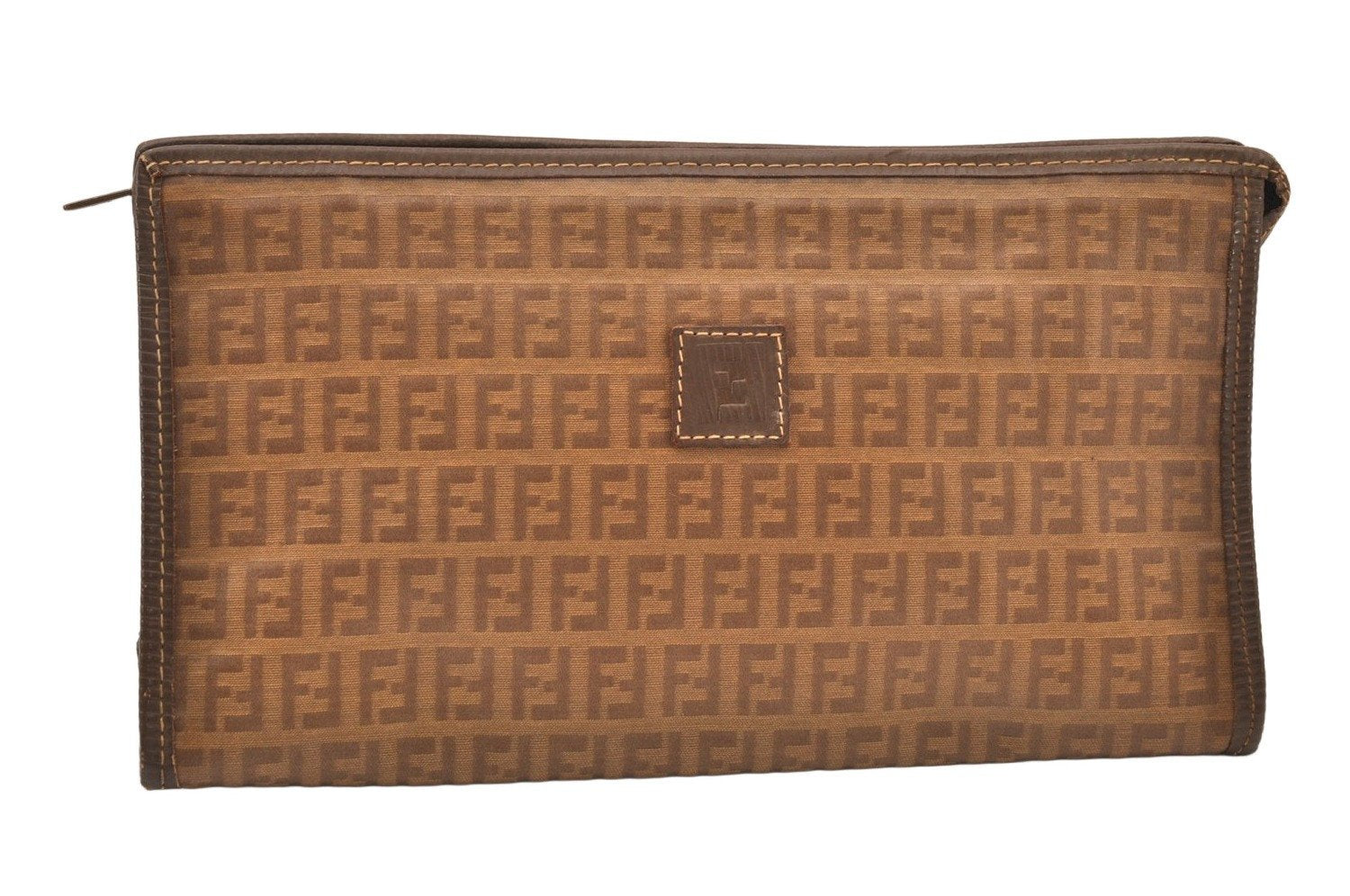 Authentic FENDI Vintage Zucchino Clutch Hand Bag Purse PVC Leather Brown 8495M