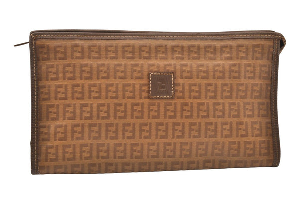 Authentic FENDI Vintage Zucchino Clutch Hand Bag Purse PVC Leather Brown 8495M