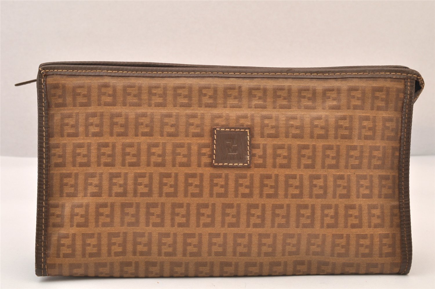 Authentic FENDI Vintage Zucchino Clutch Hand Bag Purse PVC Leather Brown 8495M