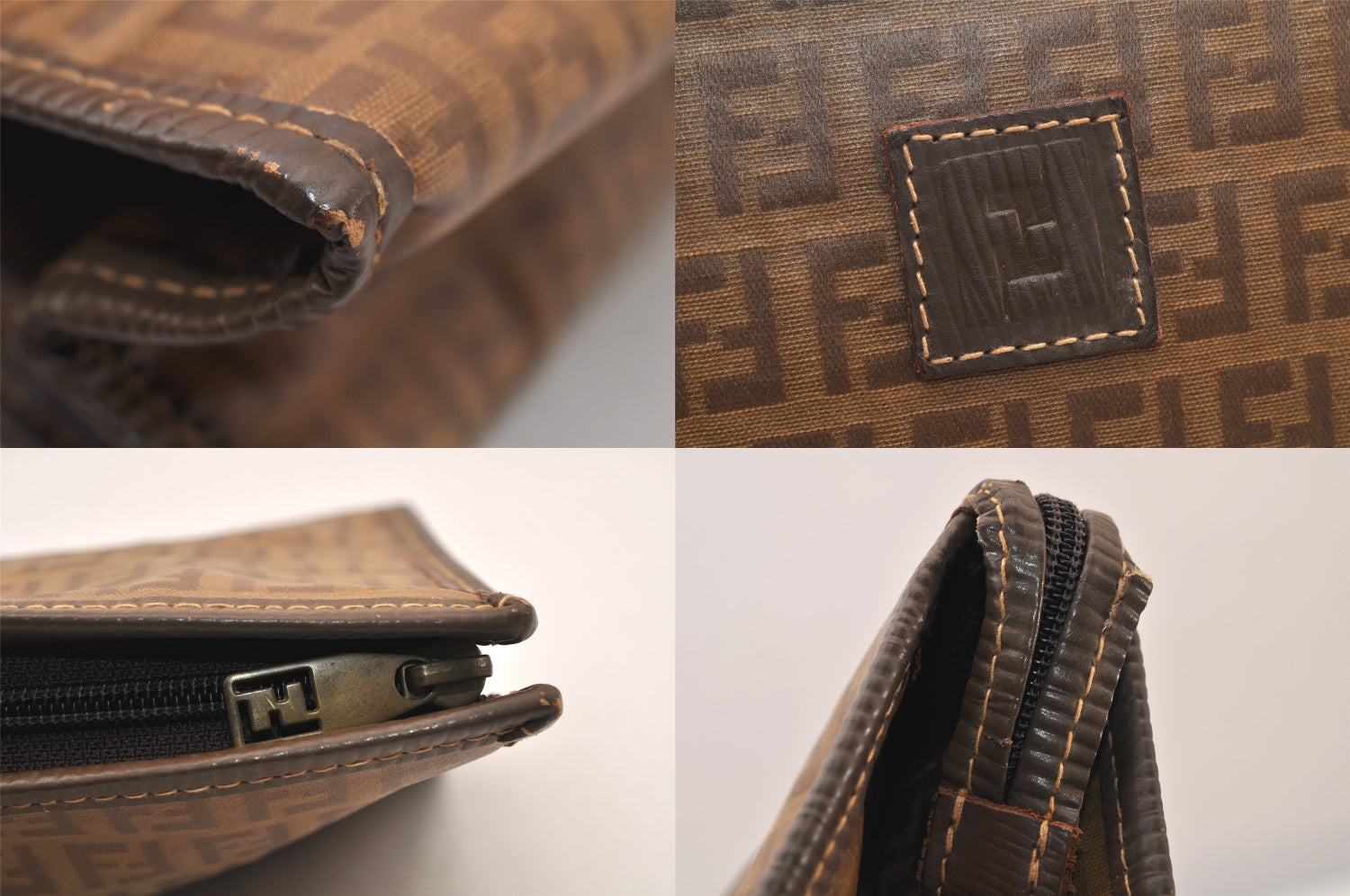 Authentic FENDI Vintage Zucchino Clutch Hand Bag Purse PVC Leather Brown 8495M