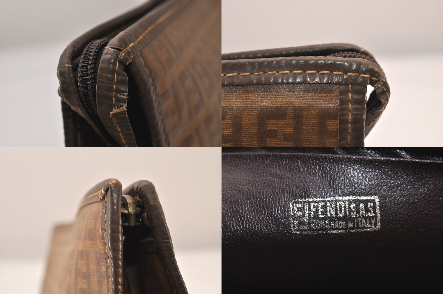 Authentic FENDI Vintage Zucchino Clutch Hand Bag Purse PVC Leather Brown 8495M