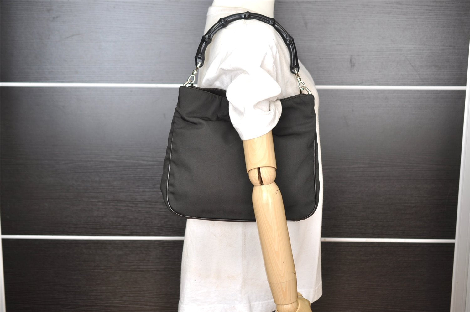 Authentic GUCCI Bamboo Shoulder Hand Bag Nylon Leather 0011638 Black 8496I