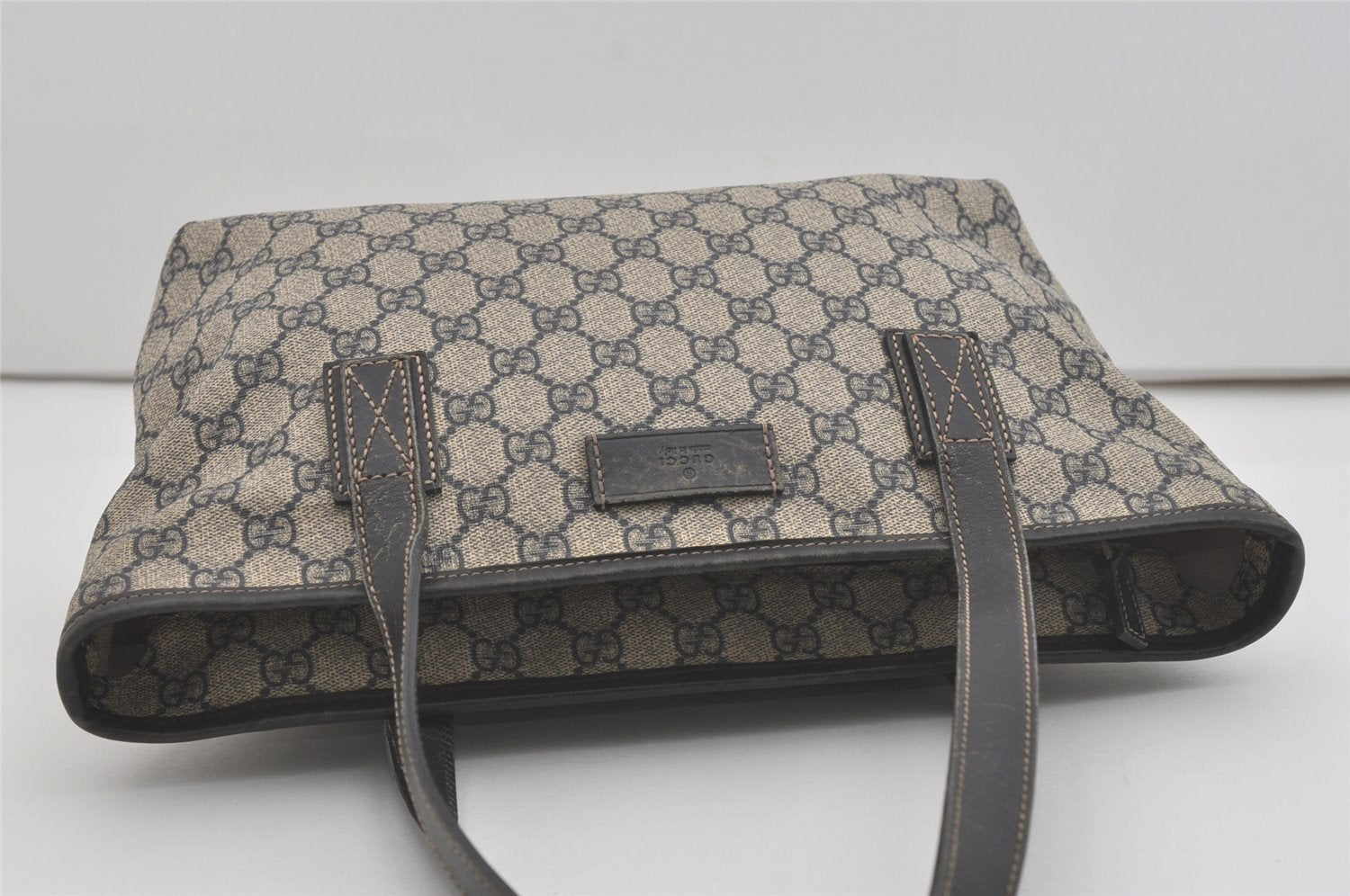 Authentic GUCCI Shoulder Hand Tote Bag GG PVC Leather 211138 Navy Blue 8505I