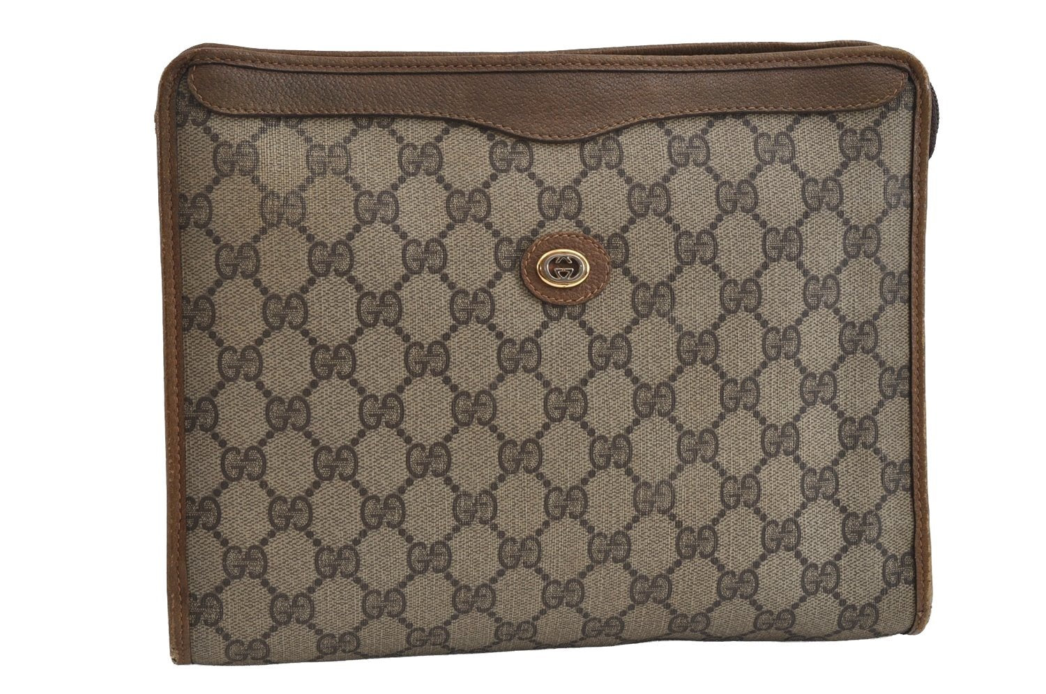 Authentic GUCCI Vintage Clutch Hand Bag Purse GG PVC Leather Brown 8507I