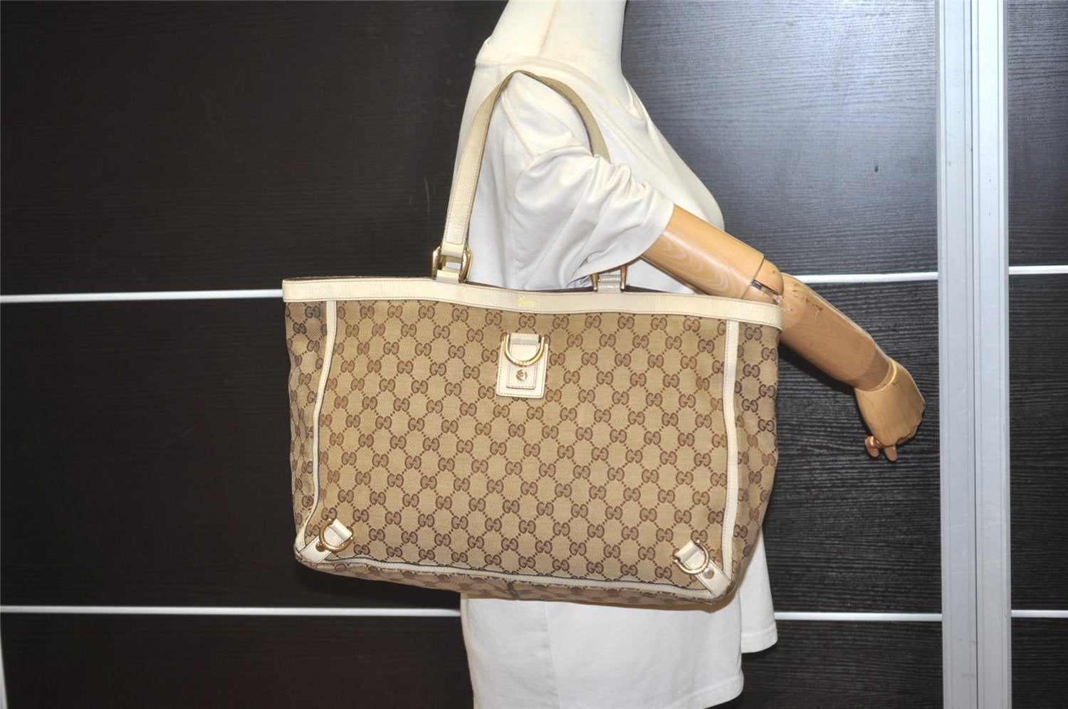 Authentic GUCCI Abbey Shoulder Tote Bag GG Canvas Leather 130736 Brown 8510I