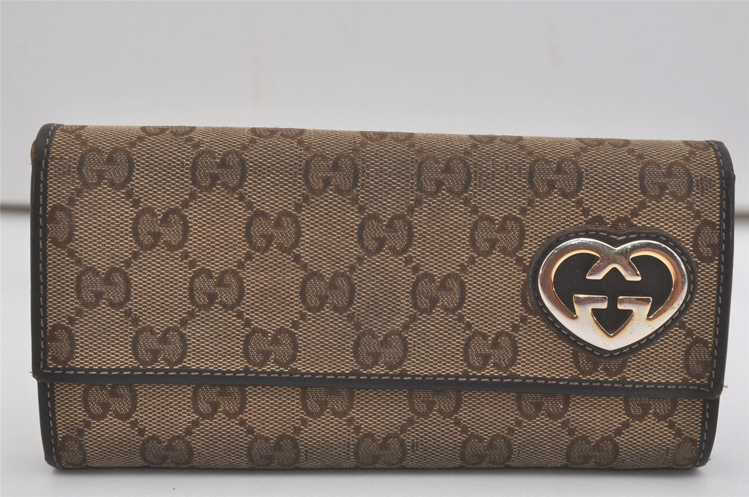 Authentic GUCCI Lovely Heart Long Wallet Purse GG Canvas Leather Brown 8512I