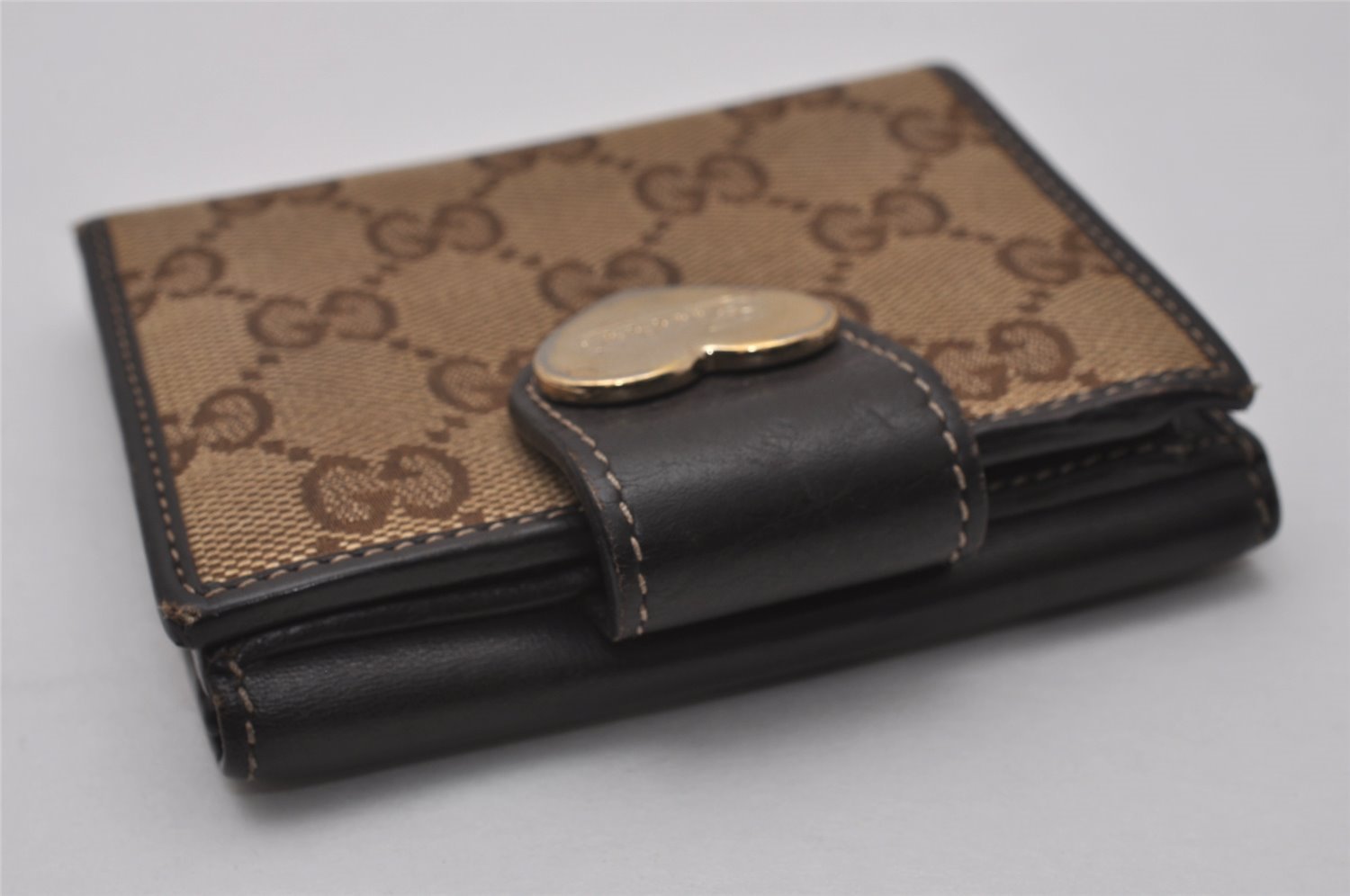 Authentic GUCCI Heart Bifold Wallet Purse GG Canvas Leather 203548 Brown 8519I