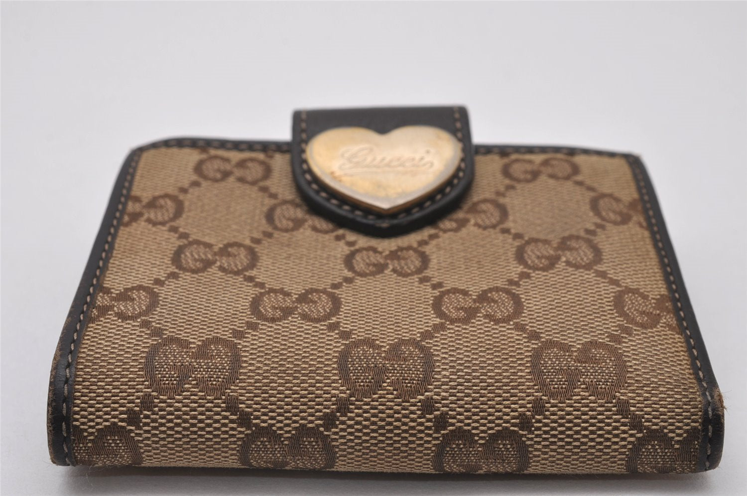 Authentic GUCCI Heart Bifold Wallet Purse GG Canvas Leather 203548 Brown 8519I