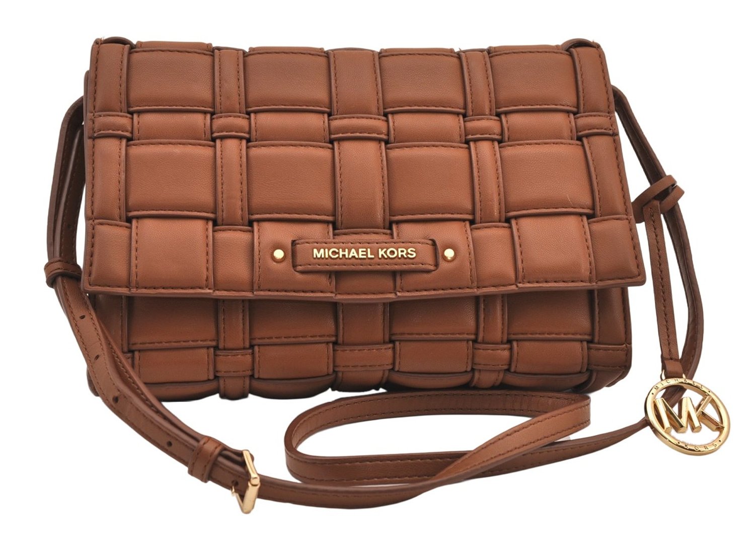 Auth Michael Kors Ivy Large Woven Leather 2Way Shoulder Clutch Bag Brown 8525M