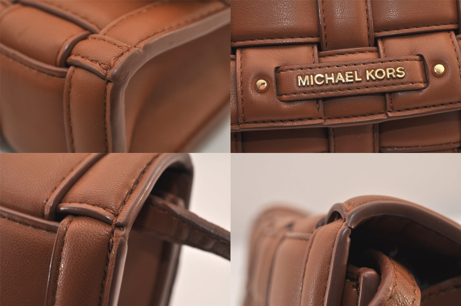 Auth Michael Kors Ivy Large Woven Leather 2Way Shoulder Clutch Bag Brown 8525M