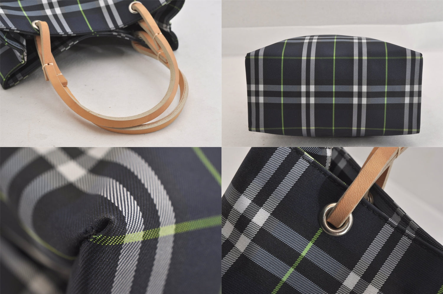 Authentic BURBERRY Vintage Check Nylon Leather Hand Bag Purse Navy Blue 8530M