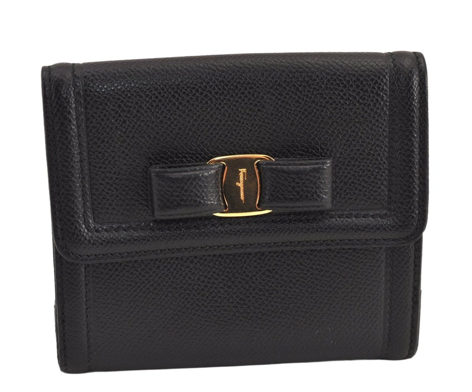 Authentic Salvatore Ferragamo Vara Rhinestone Leather Bifold Wallet Black 8534M