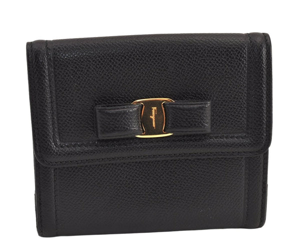 Authentic Salvatore Ferragamo Vara Rhinestone Leather Bifold Wallet Black 8534M