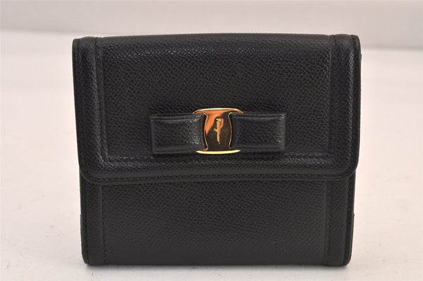 Authentic Salvatore Ferragamo Vara Rhinestone Leather Bifold Wallet Black 8534M