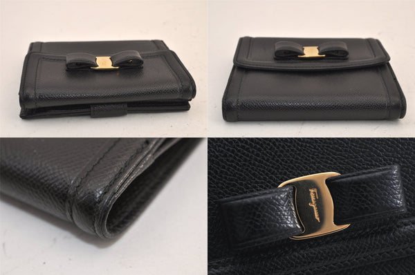 Authentic Salvatore Ferragamo Vara Rhinestone Leather Bifold Wallet Black 8534M