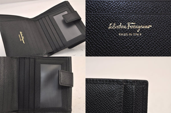 Authentic Salvatore Ferragamo Vara Rhinestone Leather Bifold Wallet Black 8534M
