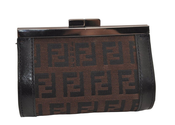 Authentic FENDI Zucchino Coin Case Purse Canvas Leather Brown Black 8535M