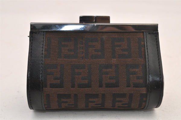 Authentic FENDI Zucchino Coin Case Purse Canvas Leather Brown Black 8535M