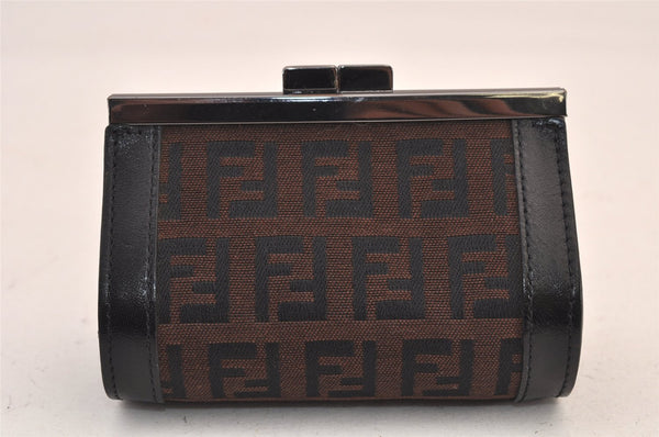 Authentic FENDI Zucchino Coin Case Purse Canvas Leather Brown Black 8535M
