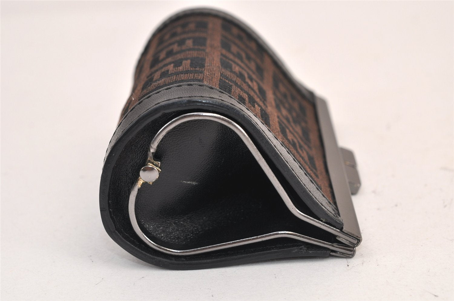 Authentic FENDI Zucchino Coin Case Purse Canvas Leather Brown Black 8535M