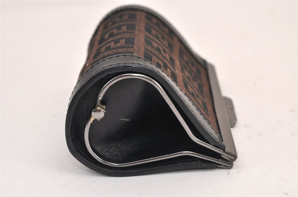 Authentic FENDI Zucchino Coin Case Purse Canvas Leather Brown Black 8535M