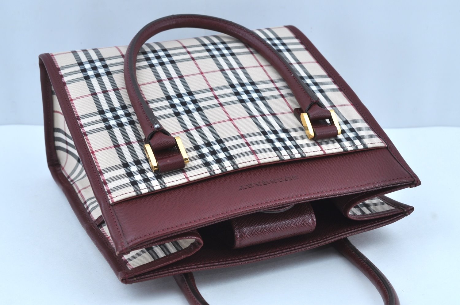 Authentic BURBERRY Vintage Nova Check Canvas Leather Hand Bag Purse Beige 8542H