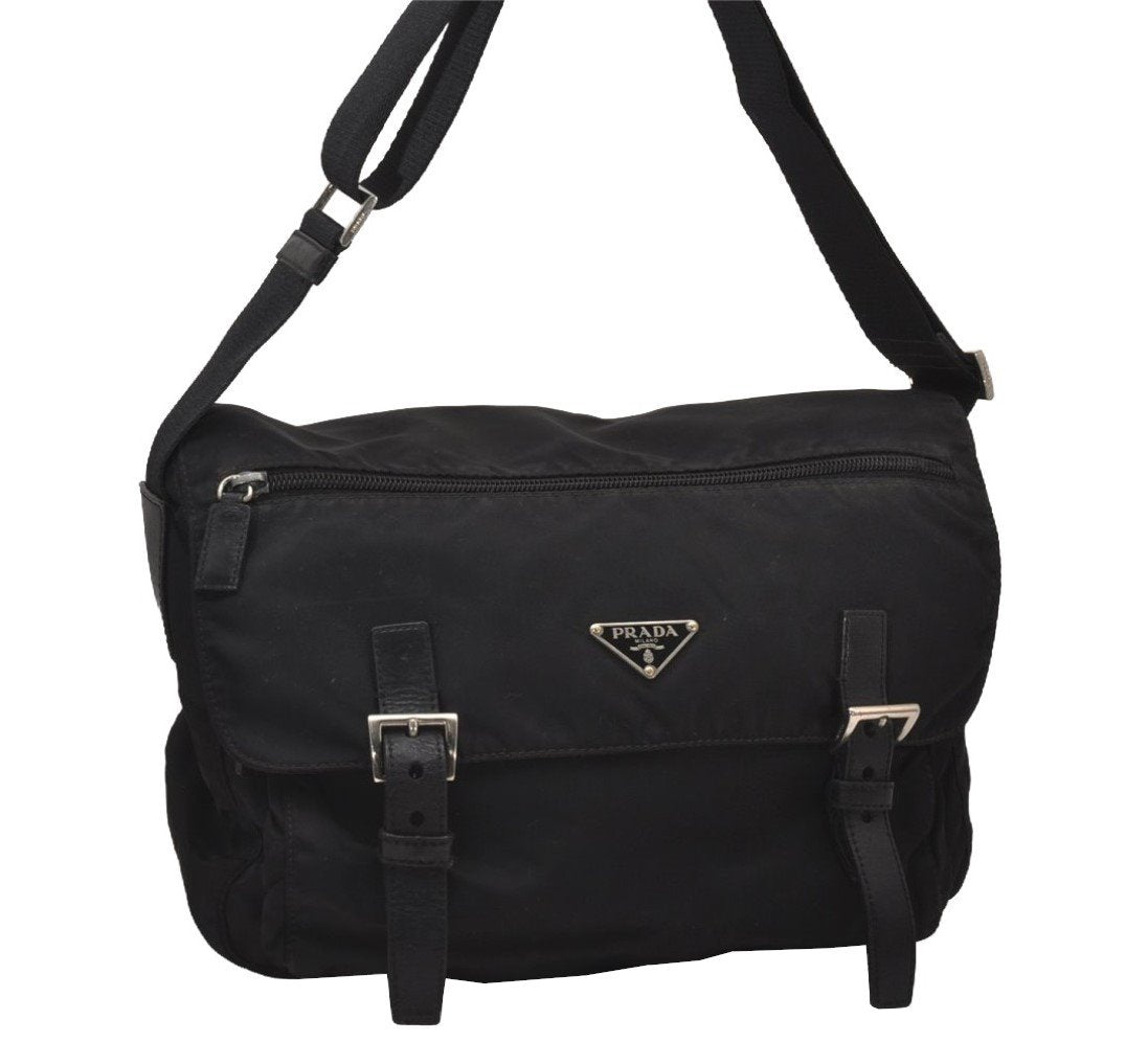 Authentic PRADA Nylon Tessuto Leather Shoulder Cross Body Bag Purse Black 8544I