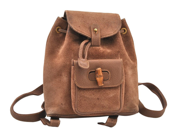 Authentic GUCCI Bamboo Drawstring Backpack Purse Suede Leather Brown 8544M