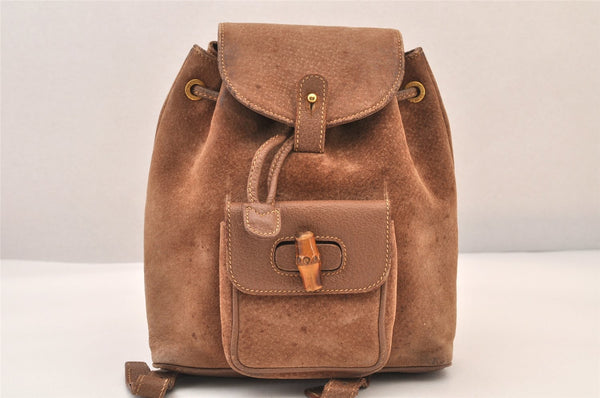 Authentic GUCCI Bamboo Drawstring Backpack Purse Suede Leather Brown 8544M