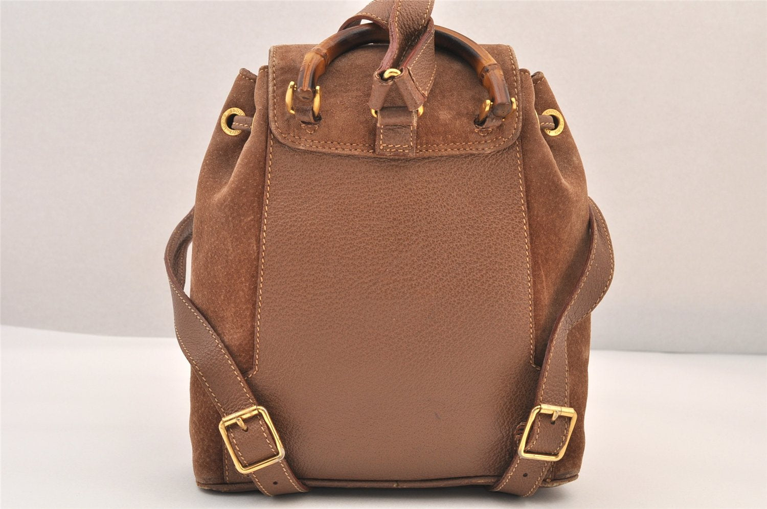 Authentic GUCCI Bamboo Drawstring Backpack Purse Suede Leather Brown 8544M