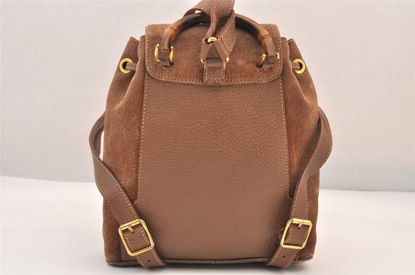 Authentic GUCCI Bamboo Drawstring Backpack Purse Suede Leather Brown 8544M