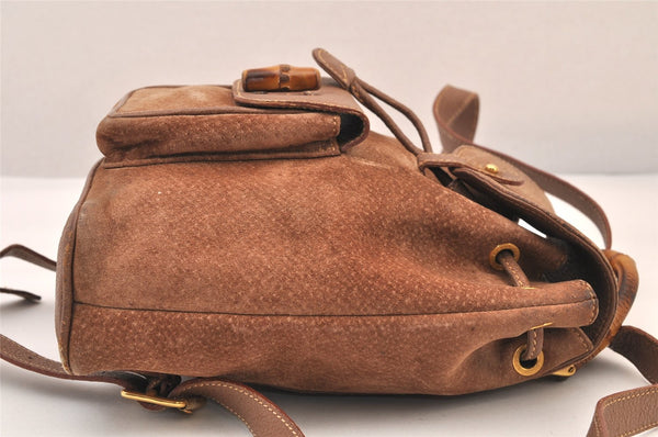 Authentic GUCCI Bamboo Drawstring Backpack Purse Suede Leather Brown 8544M