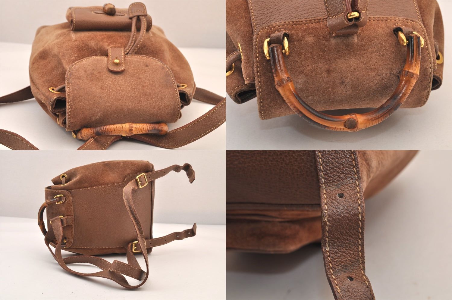 Authentic GUCCI Bamboo Drawstring Backpack Purse Suede Leather Brown 8544M