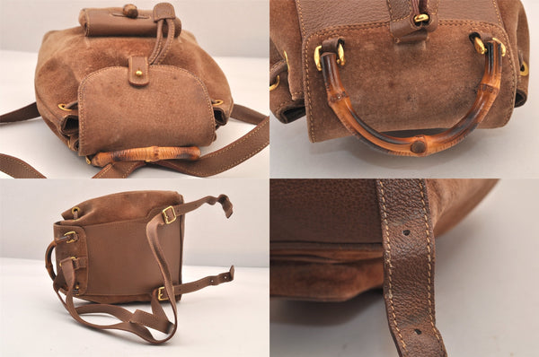 Authentic GUCCI Bamboo Drawstring Backpack Purse Suede Leather Brown 8544M