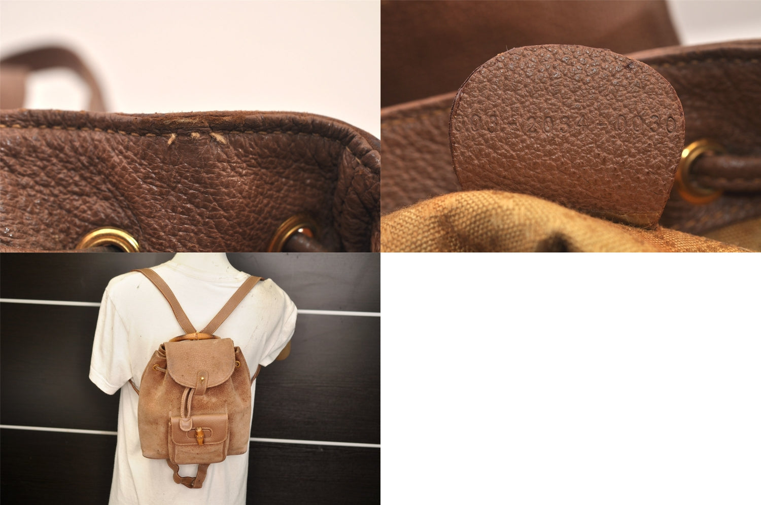 Authentic GUCCI Bamboo Drawstring Backpack Purse Suede Leather Brown 8544M