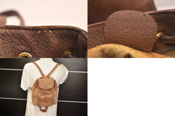 Authentic GUCCI Bamboo Drawstring Backpack Purse Suede Leather Brown 8544M