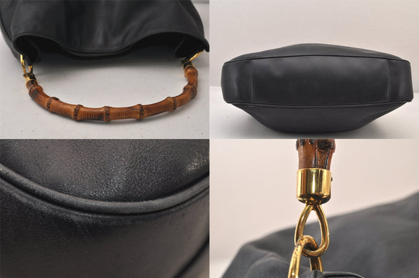 Authentic GUCCI Bamboo 2Way Shoulder Hand Bag Leather Navy Blue Junk 8545M