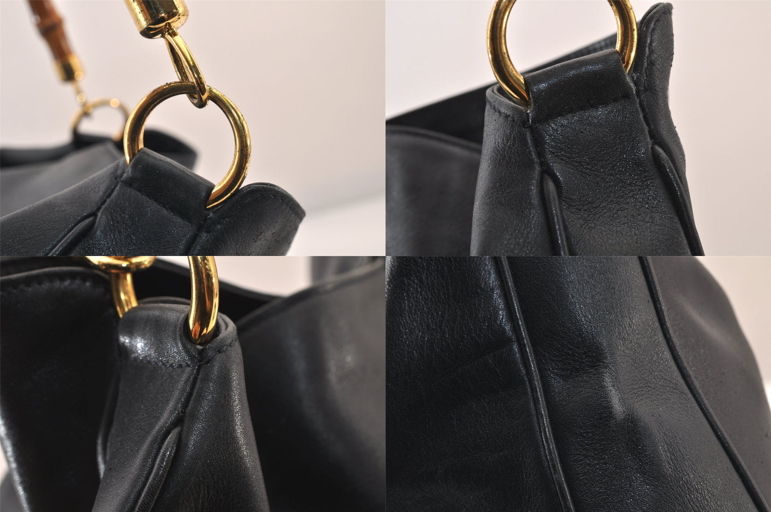Authentic GUCCI Bamboo 2Way Shoulder Hand Bag Leather Navy Blue Junk 8545M