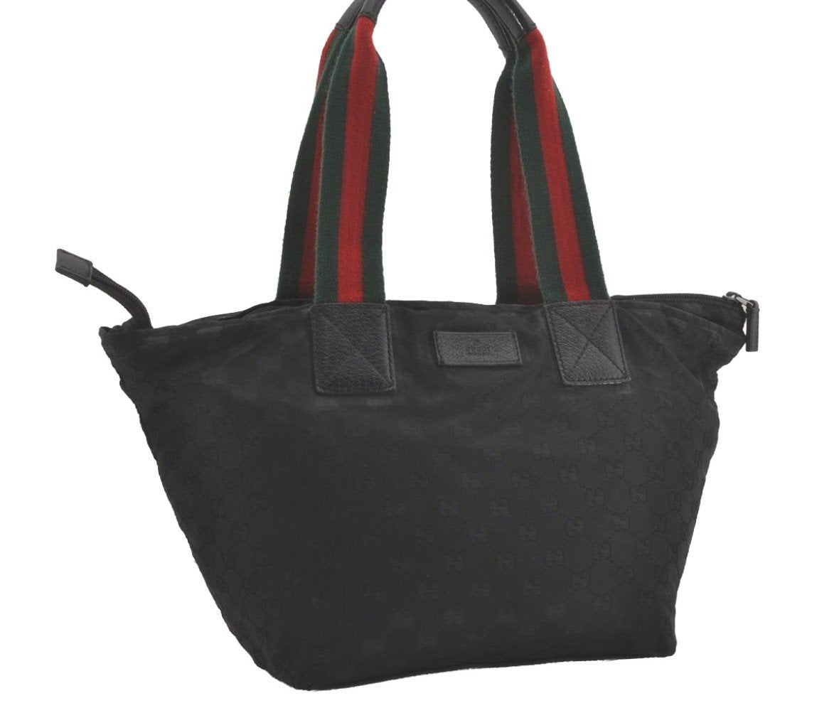 Authentic GUCCI Web Sherry Line Tote Bag GG Nylon Leather 131230 Black 8547I