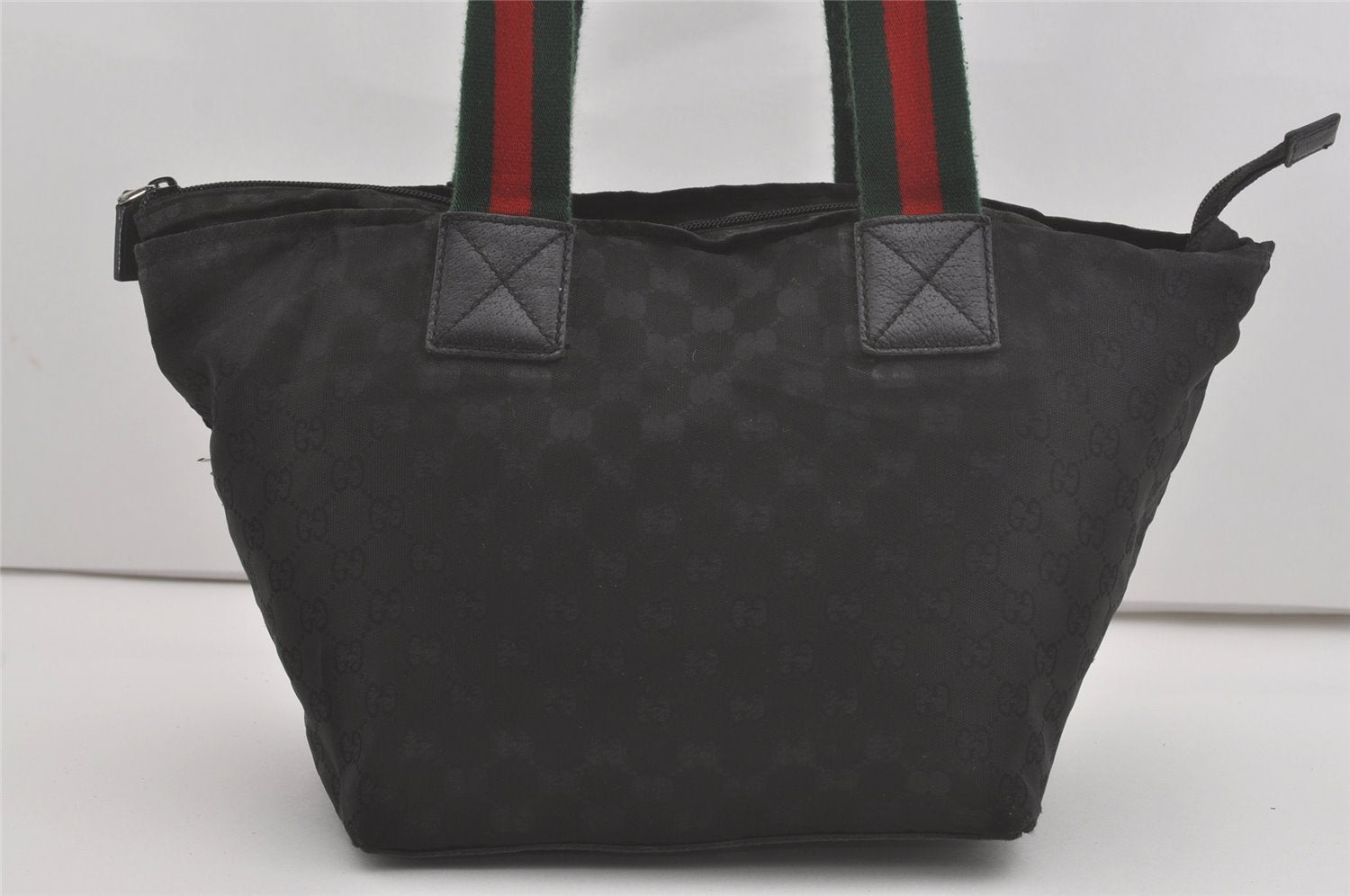 Authentic GUCCI Web Sherry Line Tote Bag GG Nylon Leather 131230 Black 8547I