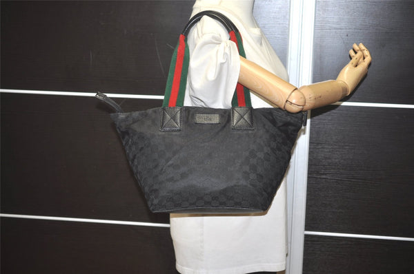 Authentic GUCCI Web Sherry Line Tote Bag GG Nylon Leather 131230 Black 8547I