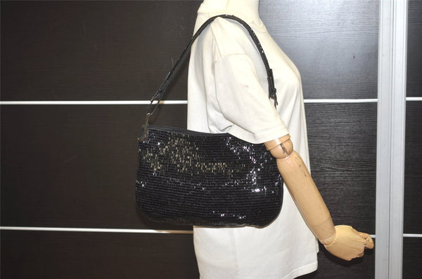 Authentic GUCCI Vintage Shoulder Hand Bag Purse Beads Leather Black 8549I