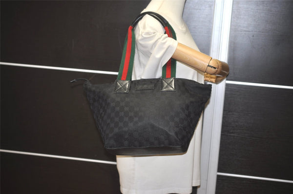 Authentic GUCCI Web Sherry Line Tote Bag GG Nylon Leather 131230 Black 8550I