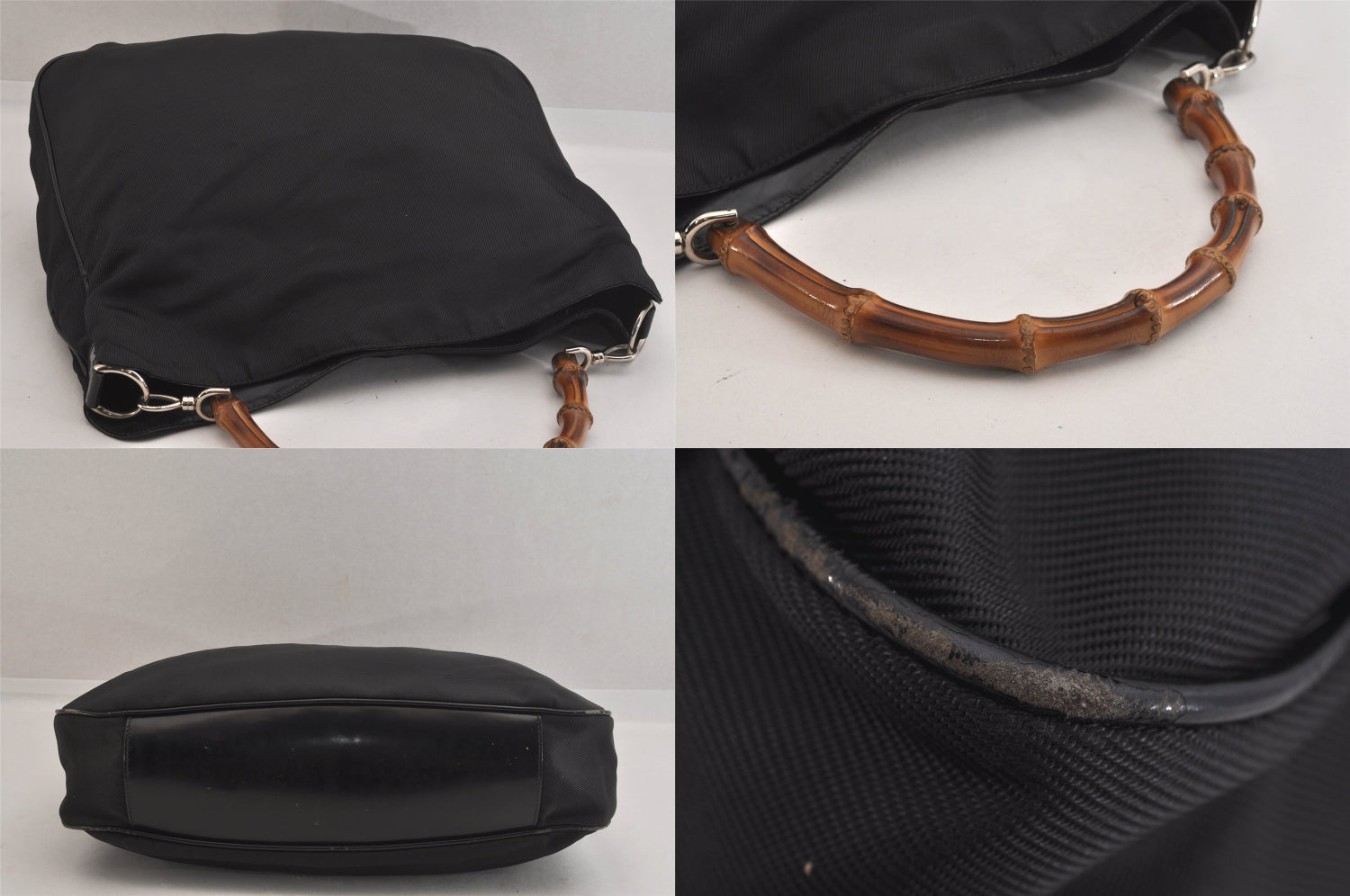 Authentic GUCCI Bamboo Vintage Shoulder Hand Bag Nylon Leather Black 8550M