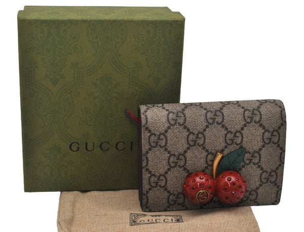 Authentic GUCCI Cherry Bifold Wallet GG PVC Leather 476050 Brown Red Box 8551J