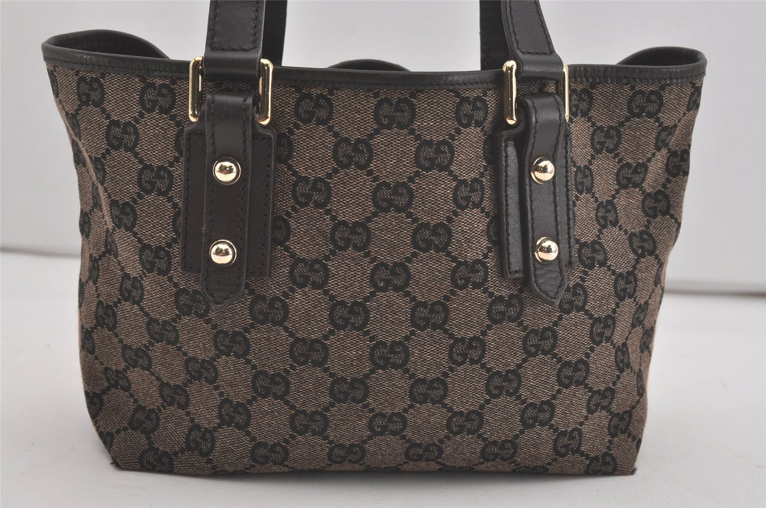 Authentic GUCCI Hand Tote Bag Purse GG Canvas Leather 257249 Brown Black 8552I