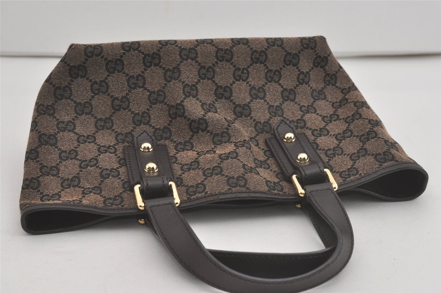 Authentic GUCCI Hand Tote Bag Purse GG Canvas Leather 257249 Brown Black 8552I