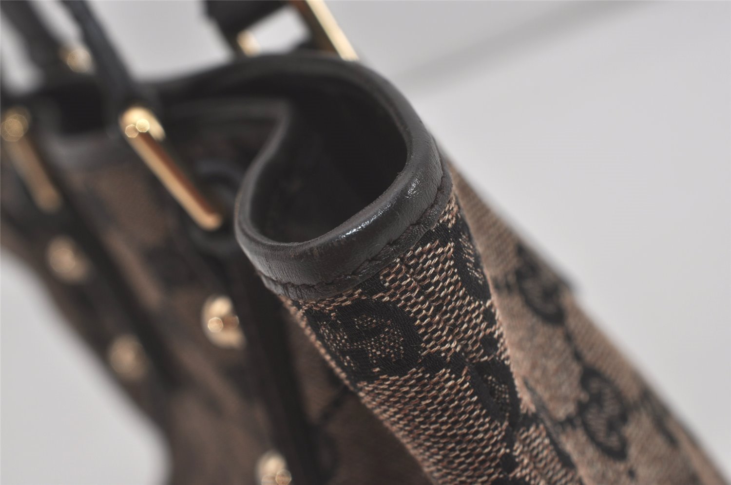 Authentic GUCCI Hand Tote Bag Purse GG Canvas Leather 257249 Brown Black 8552I