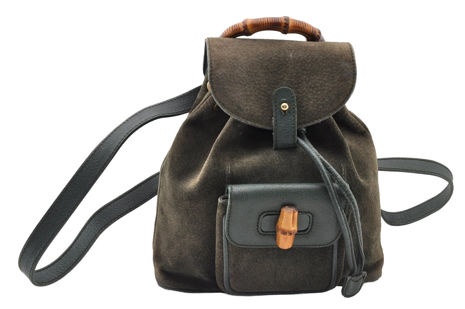 Authentic GUCCI Vintage Bamboo Backpack Purse Suede Leather Green 8554I